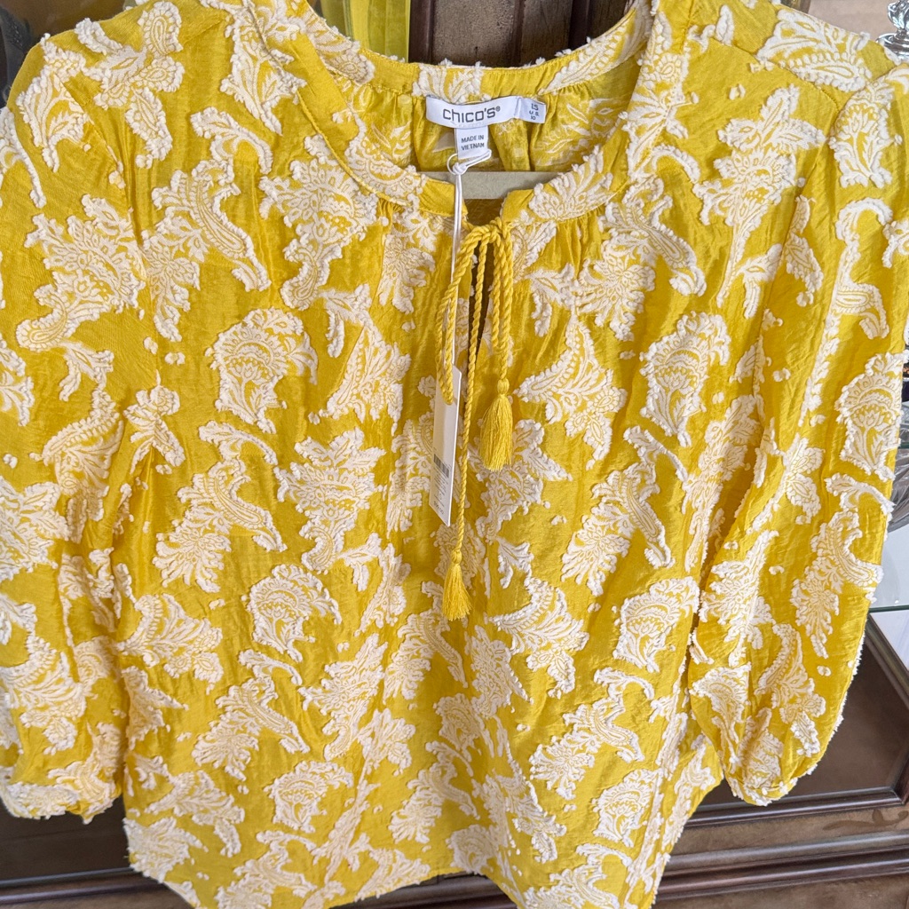 Chico's Mustard And Cream Embroidered Blouse